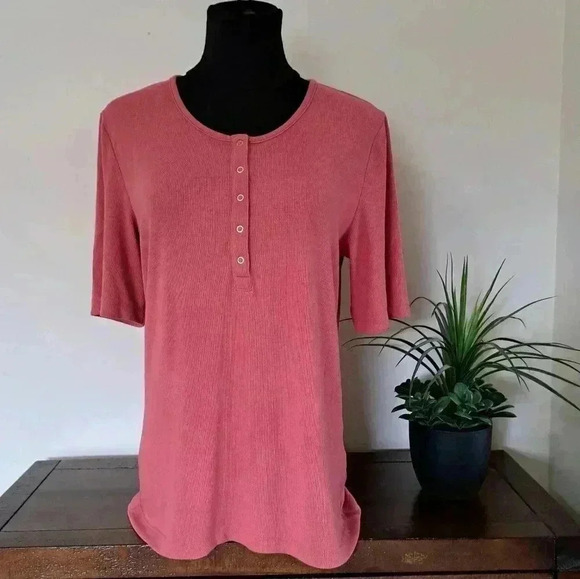 Mondetta Ribbed Short Sleeved Henley Large Scoop Neck Top Womens Salmon Pink - Picture 4 of 10